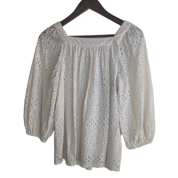 Lauren Conrad Off-white Crochet Cottagecore Boho Peasant Top Square Neckline szS - Picture 5 of 10